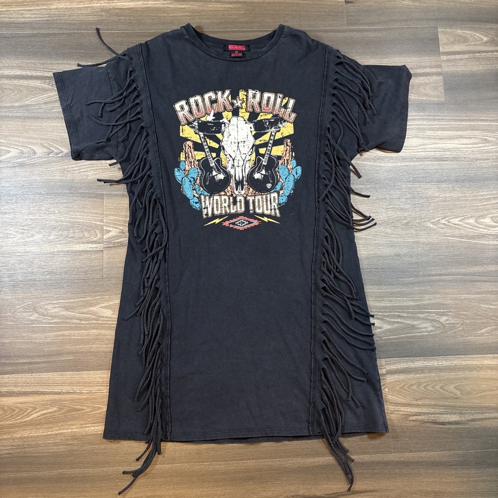 Rock & Roll Denim Black World Tour Fringe Graphic T-shirt Size S